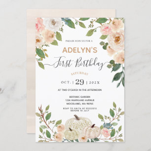 Autumn Flowers White Pumpkin 1st Birthday  Invitation