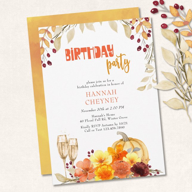 Autumn Flowers Wine Pumpkin Fall Birthday Party Invitation (Creator Uploaded)