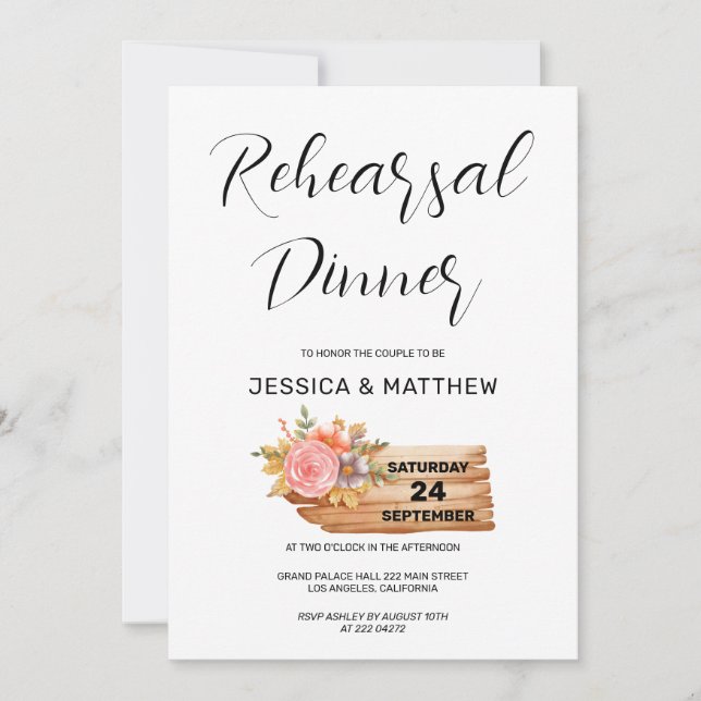 Autumn Flowers & Wood Sign  Rehearsal   Invitation (Front)
