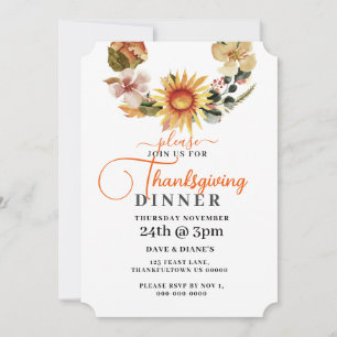 Autumn Flowers Wreath Thanksgiving Dinner Invitation