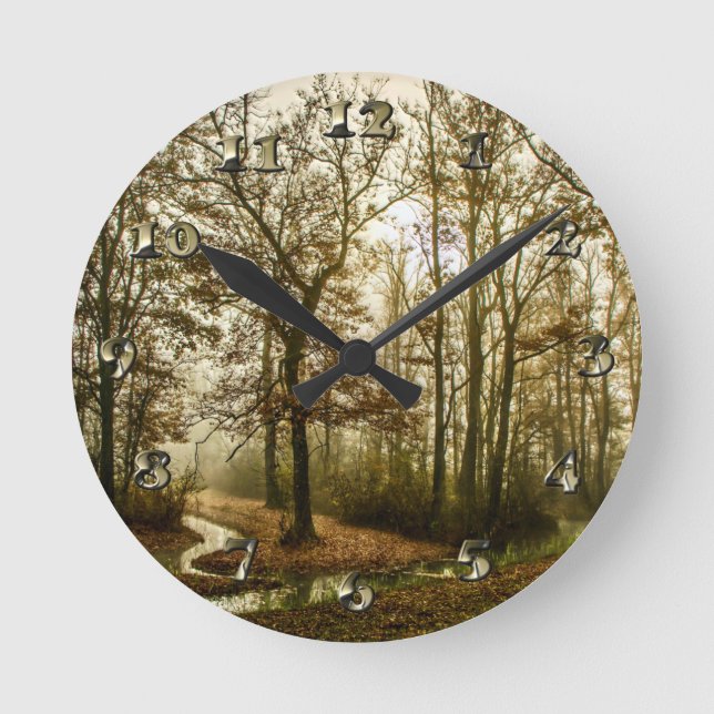 Autumn Fog in the Forest Round Clock (Front)