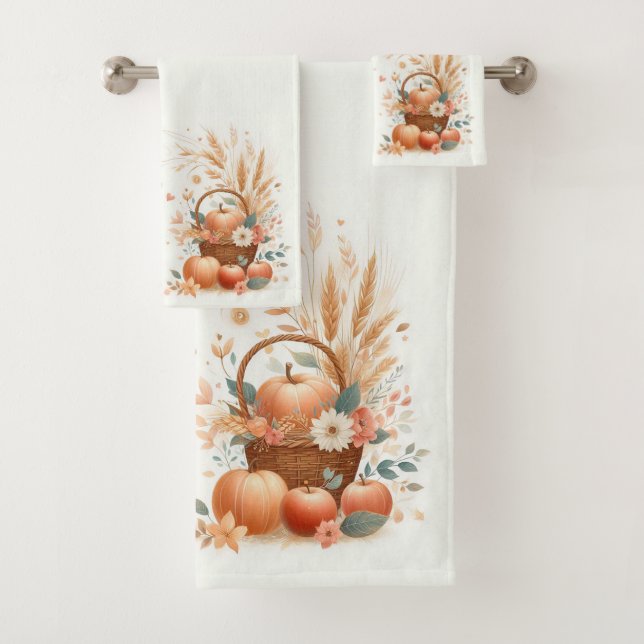 Autumn Foliage and Flowers with Pumpkins and Apple Bath Towel Set (Insitu)