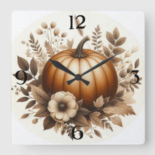 Autumn Foliage and Pumpkin Square Wall Clock