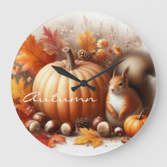 Autumn Foliage, Chestnuts,Pumpkins and a Squirrel  Large Clock (Front)