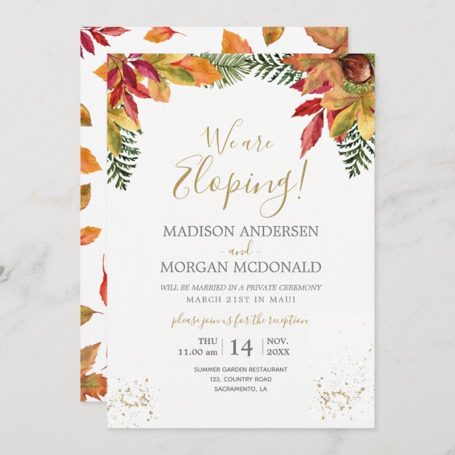 Autumn Foliage Fall Elopement reception invitation (Front/Back)