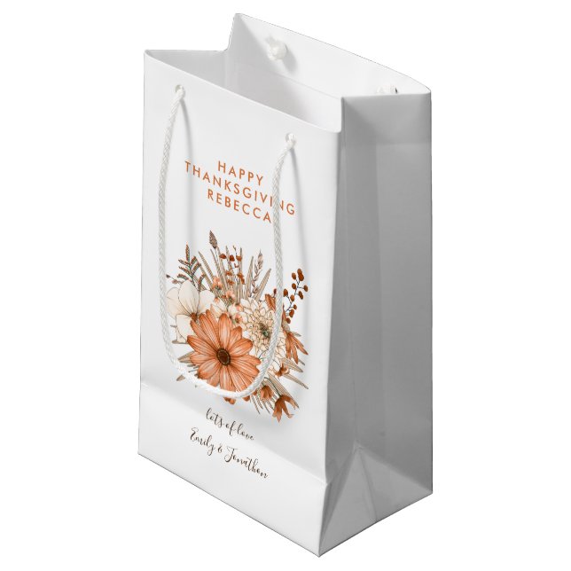 Autumn Foliage Flowers Happy Thanksgiving Name Small Gift Bag (Front Angled)