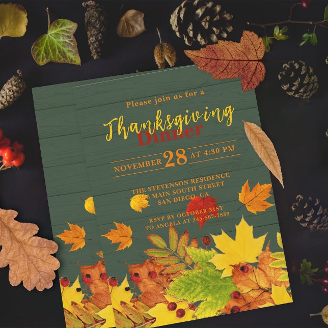 Autumn Foliage On Green Wood Thanksgiving Dinner Invitation (Creator Uploaded)