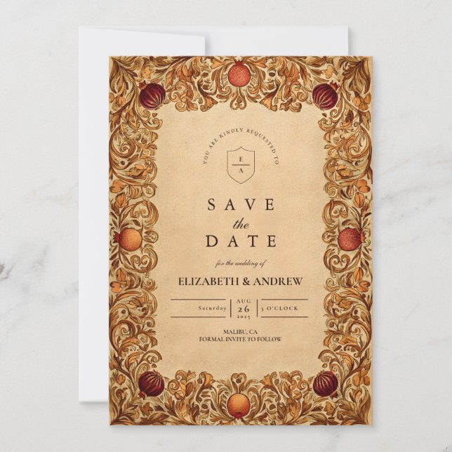 Autumn Foliage Pomegranate Wedding Save The Date (Front)