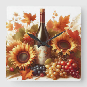 Autumn Foliage, Sunflowers, Grapes and Wine Square Wall Clock
