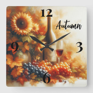 Autumn Foliage, Sunflowers, Wine and Grapes Square Wall Clock