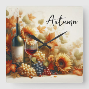 Autumn Foliage, Sunflowers, Wine and Grapes Square Wall Clock