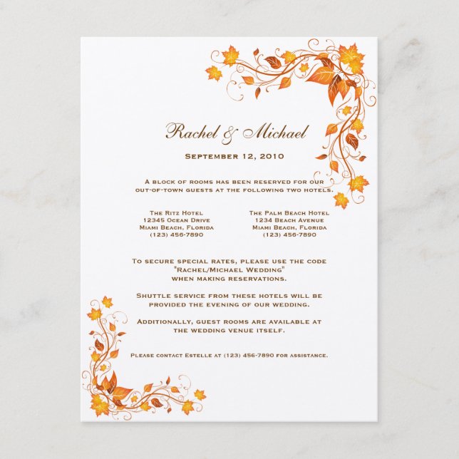 Autumn Foliage Wedding Accomodations Card (Front)