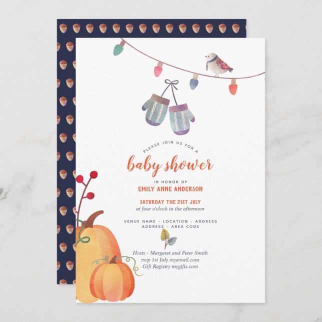 Autumn Folk Art Baby Shower Invitation Orange blue (Front/Back)