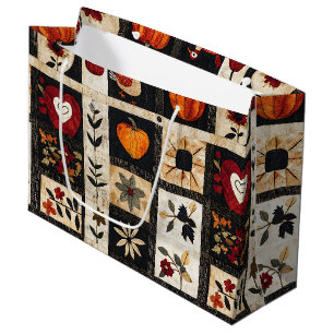 Autumn Folk Art Quilt Pattern Rustic Botanical Large Gift Bag