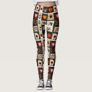 Autumn Folk Art Quilt Pattern Rustic Botanical Leggings