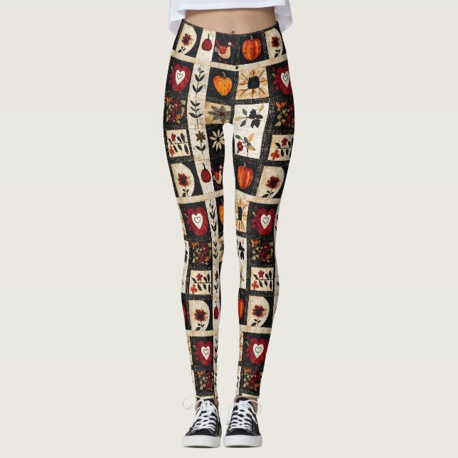 Autumn Folk Art Quilt Pattern | Rustic Botanical Leggings (Front)