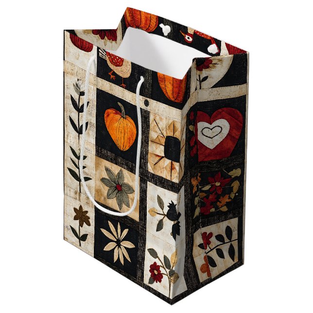 Autumn Folk Art Quilt Pattern | Rustic Botanical Medium Gift Bag (Front Angled)