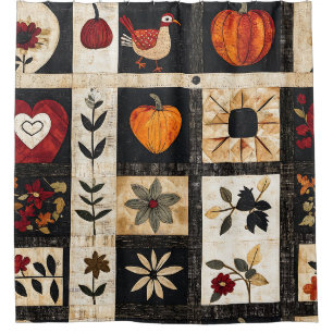 Autumn Folk Art Quilt Pattern   Rustic Botanical Shower Curtain