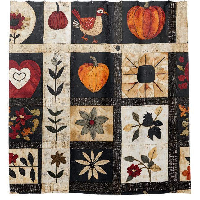 Autumn Folk Art Quilt Pattern | Rustic Botanical Shower Curtain (Front)