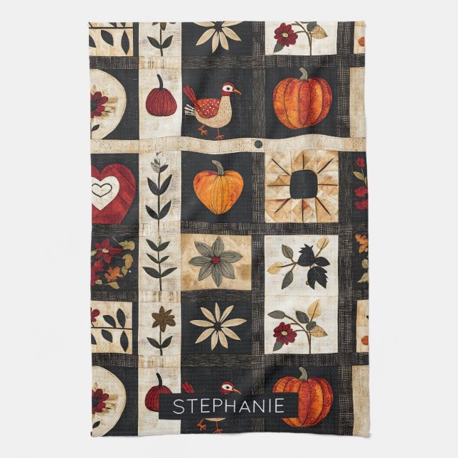 Autumn Folk Art Quilt Pattern | Rustic Botanical Tea Towel (Vertical)