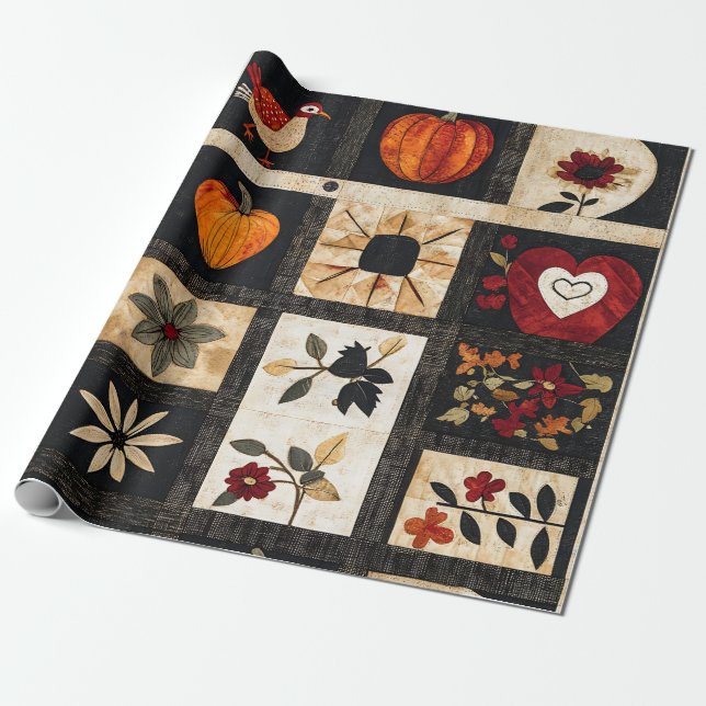 Autumn Folk Art Quilt Pattern | Rustic Botanical Wrapping Paper (Unrolled)