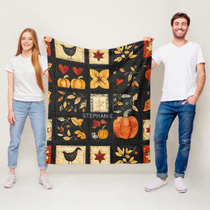 Autumn Folk Art Quilt Pattern Rustic Patchwork Fleece Blanket