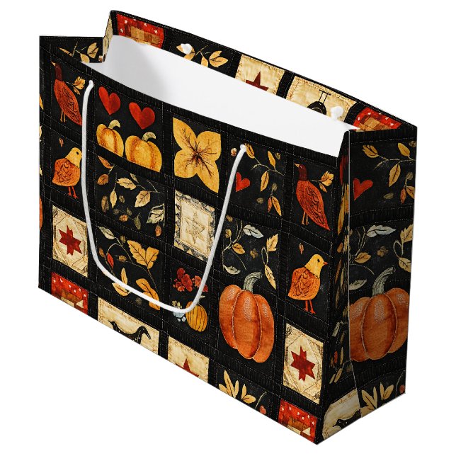 Autumn Folk Art Quilt Pattern | Rustic Patchwork Large Gift Bag (Front Angled)