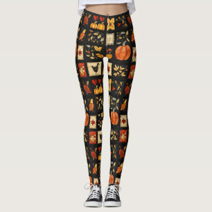 Autumn Folk Art Quilt Pattern Rustic Patchwork Leggings