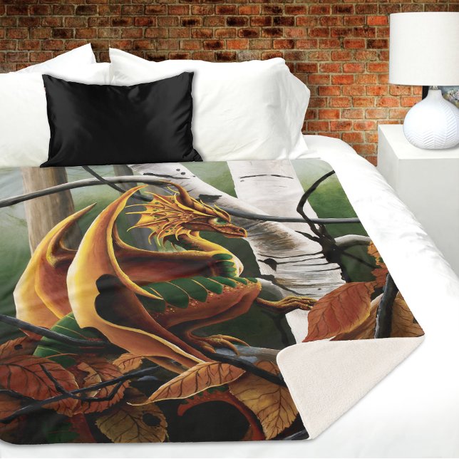Autumn Forest Amber Dragon Birch Trees Fantasy Sherpa Blanket (Creator Uploaded)