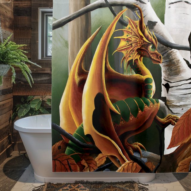 Autumn Forest Amber Dragon Birch Trees Fantasy Shower Curtain (Creator Uploaded)