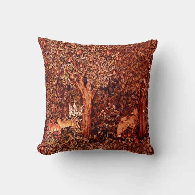 AUTUMN FOREST ANIMALS Hares,Fox,Red Brown Floral Cushion (Front)