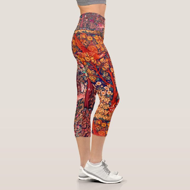 AUTUMN FOREST ANIMALS Hares,Pheasant Red Floral  Capri Leggings (Right)