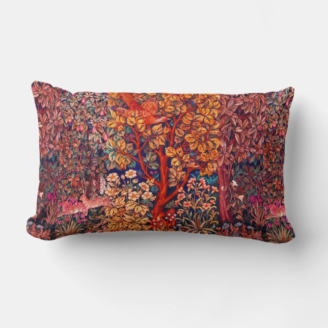 AUTUMN FOREST ANIMALS Hares,Pheasant,Red Floral  Lumbar Cushion (Front)