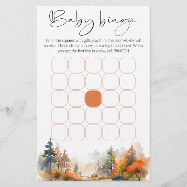 Autumn Forest baby shower bingo game (Front)