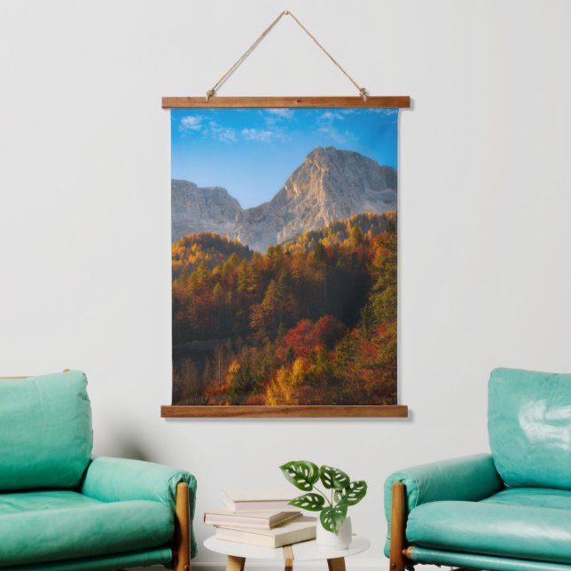 Autumn forest below mountains hanging tapestry (Living Room)