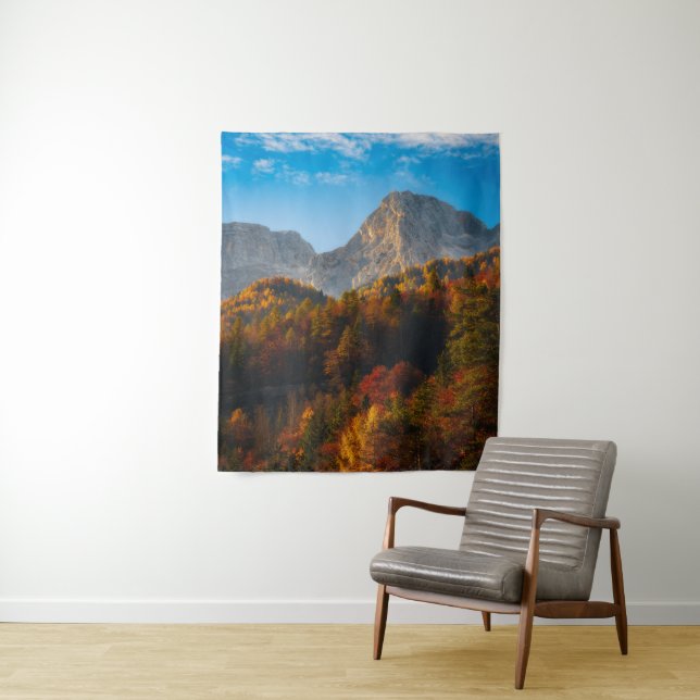 Autumn forest below mountains tapestry (In Situ)