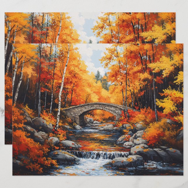 Autumn Forest Bridge Scrapbook Paper (Front/Back)