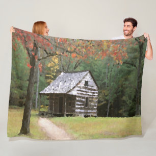 Autumn Forest Cabin Watercolor Art Painting Fleece Blanket