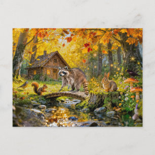 Autumn Forest Cottage with forest animals and Mush Postcard