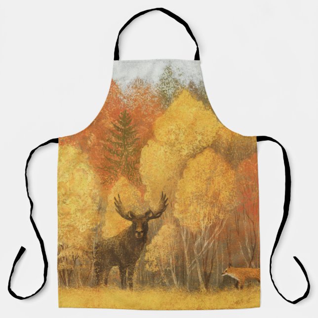 Autumn forest, digital deer and fox. apron (Front)