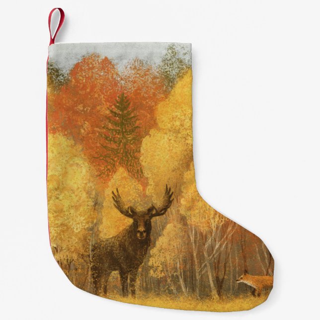Autumn forest, digital deer and fox. small christmas stocking (Front)