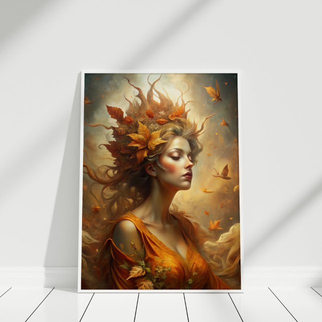 Autumn Forest Fairy – Mystical Fall Wall Art (Autumn Forest Fairy – Mystical Fall Wall Art in a white wooden frame)