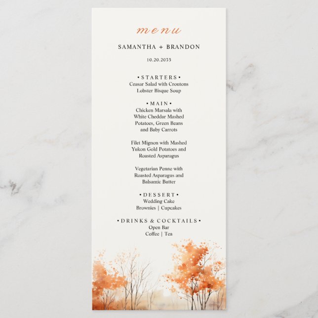  Autumn Forest Fall Woodland Wedding Dinner Menu (Front)