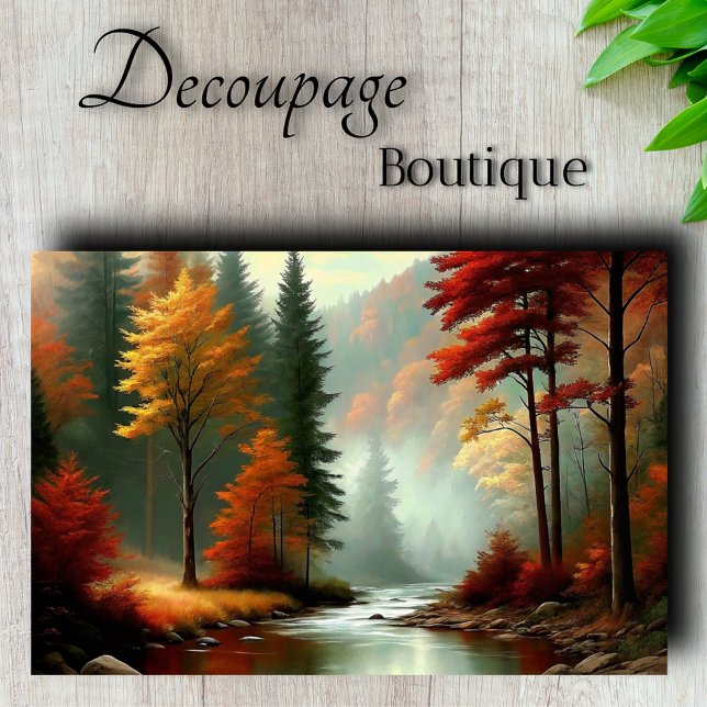 Autumn Forest Glow River Landscape Decoupage Tissue Paper (Autumn Forest Glow - Dramatic Fall River Decoupage Tissue Paper)