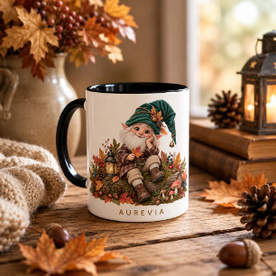 Autumn forest gnome mug with leaves and acorns