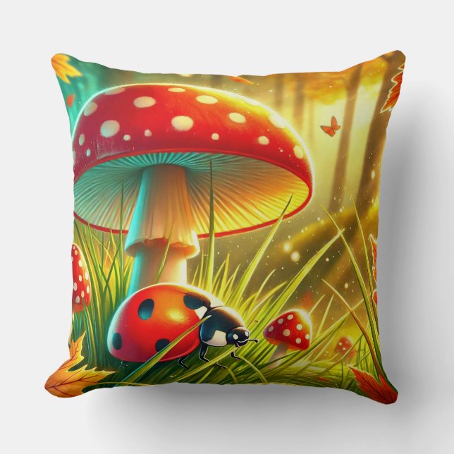 🐞 Autumn Forest Ladybug & Amanita Scene Cushion (Front)