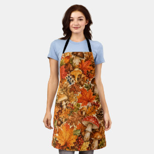 Autumn Forest Mushroom Pattern Cosy Fall Leaves Apron