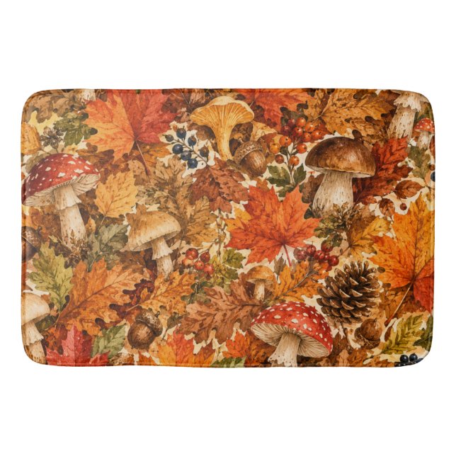 Autumn Forest Mushroom Pattern | Cosy Fall Leaves Bath Mat (Front)