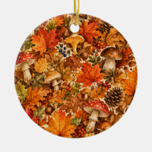 Autumn Forest Mushroom Pattern   Cosy Fall Leaves Ceramic Ornament