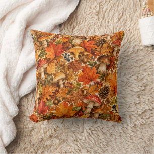Autumn Forest Mushroom Pattern Cosy Fall Leaves Cushion